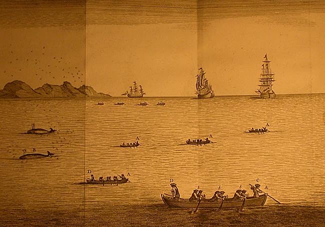 Marineros de un ballenero vasco del siglo XVIII, capturando y trinchando ballenas para el fundido de su grasa a bordo.