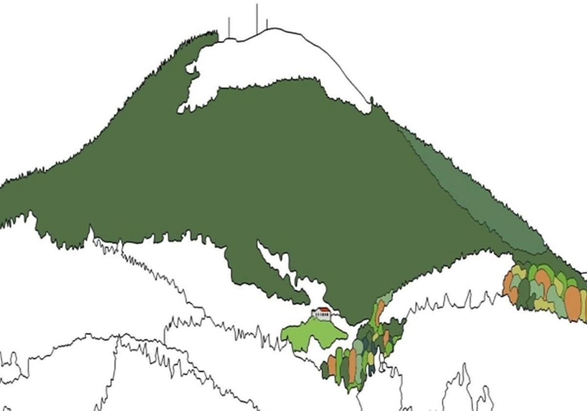 Recreación del monte Muru que ilustra la portada del libro .