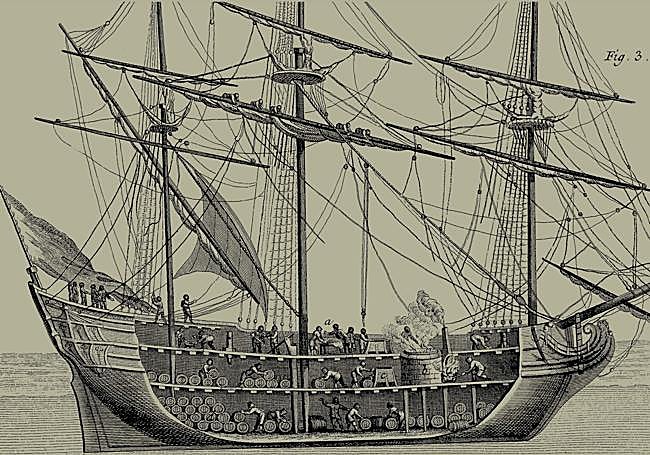 Sección de ballenero vasco del siglo XVIII con el horno para la fundición de grasas de ballena a bordo.