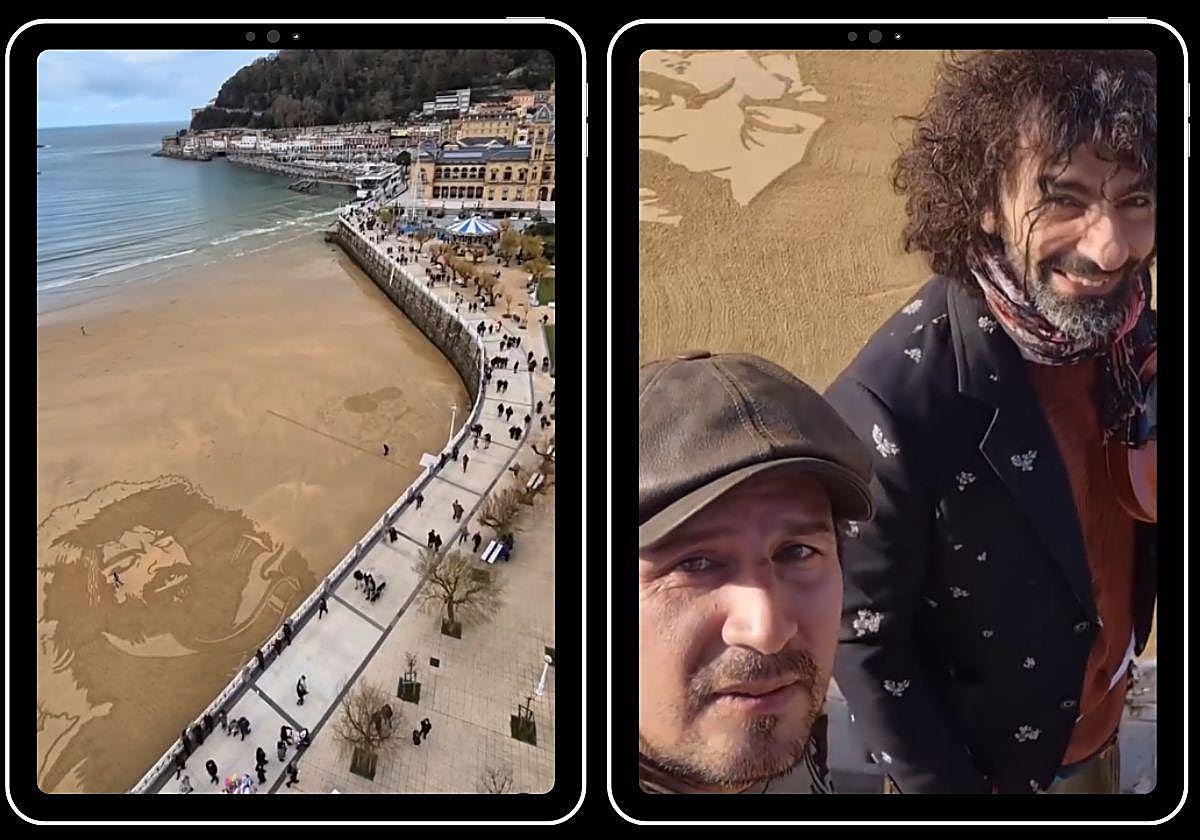 El dibujo sobre la arena de La Concha y el autor, Germán Cedano junto a Ara Malikian.