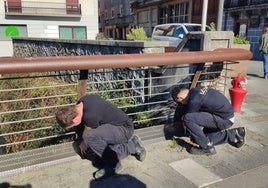 Dos alumnos de La Salle Berrozpe cerrando la parte inferior de los puentes sobre el río Leizaran.