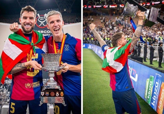 Dani Olmo junto a Iñigo Martínez, quien llevó la Ikurriña durante toda la celebración de la Supercopa.