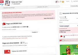 Pantallazo de una compra online en Eroski con el 10% adicional que advierte el supermercado en la compra.