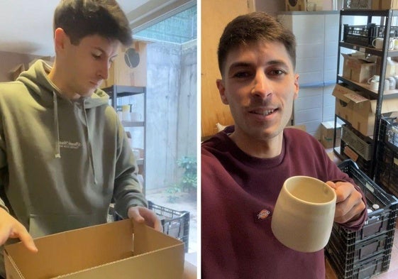 Fran Cestero en su pequeño almacén con las tazas que vende en Tazzeri Ceramics.