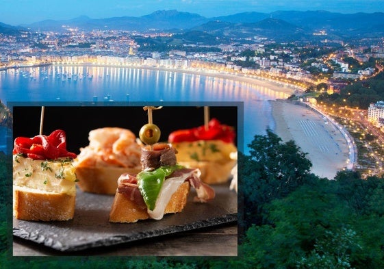 Vista de San Sebastián y una bandeja con sus tradicionales pintxos.