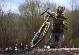 Van Aert sube unas escaleras durante la prueba de ciclo-cross de este domingo en Maasmechelen.