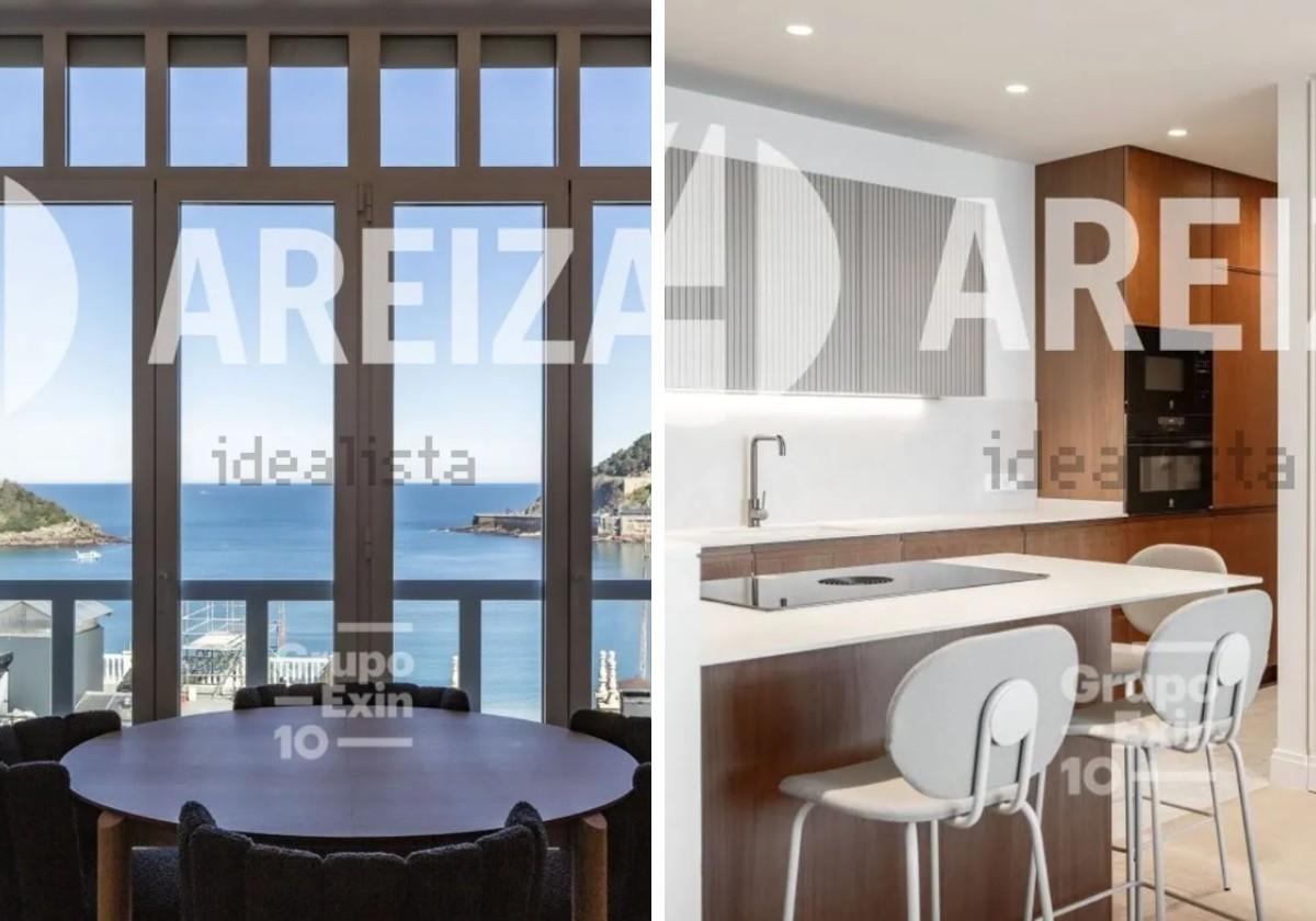 Imagen del comedor y la cocina de este piso con vistas de San Sebastián.