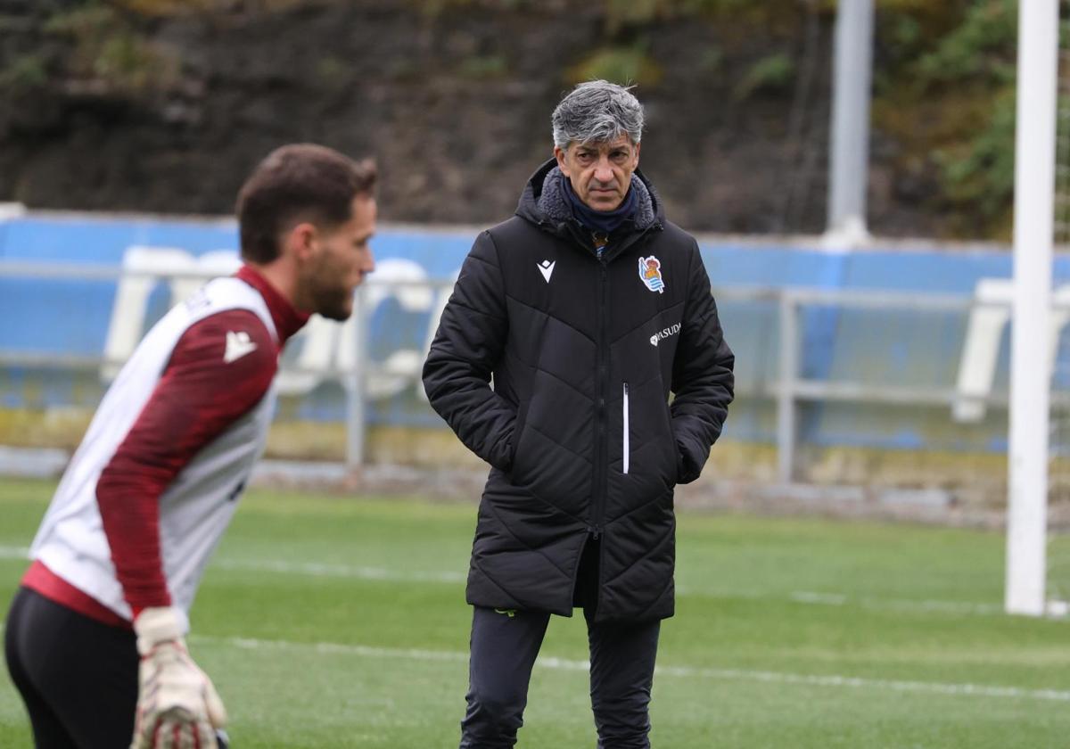 Remiro e Imanol, en un entrenamiento de la Real Sociedad