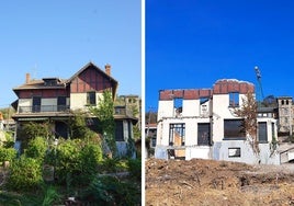 La fachada de la villa antes y después.