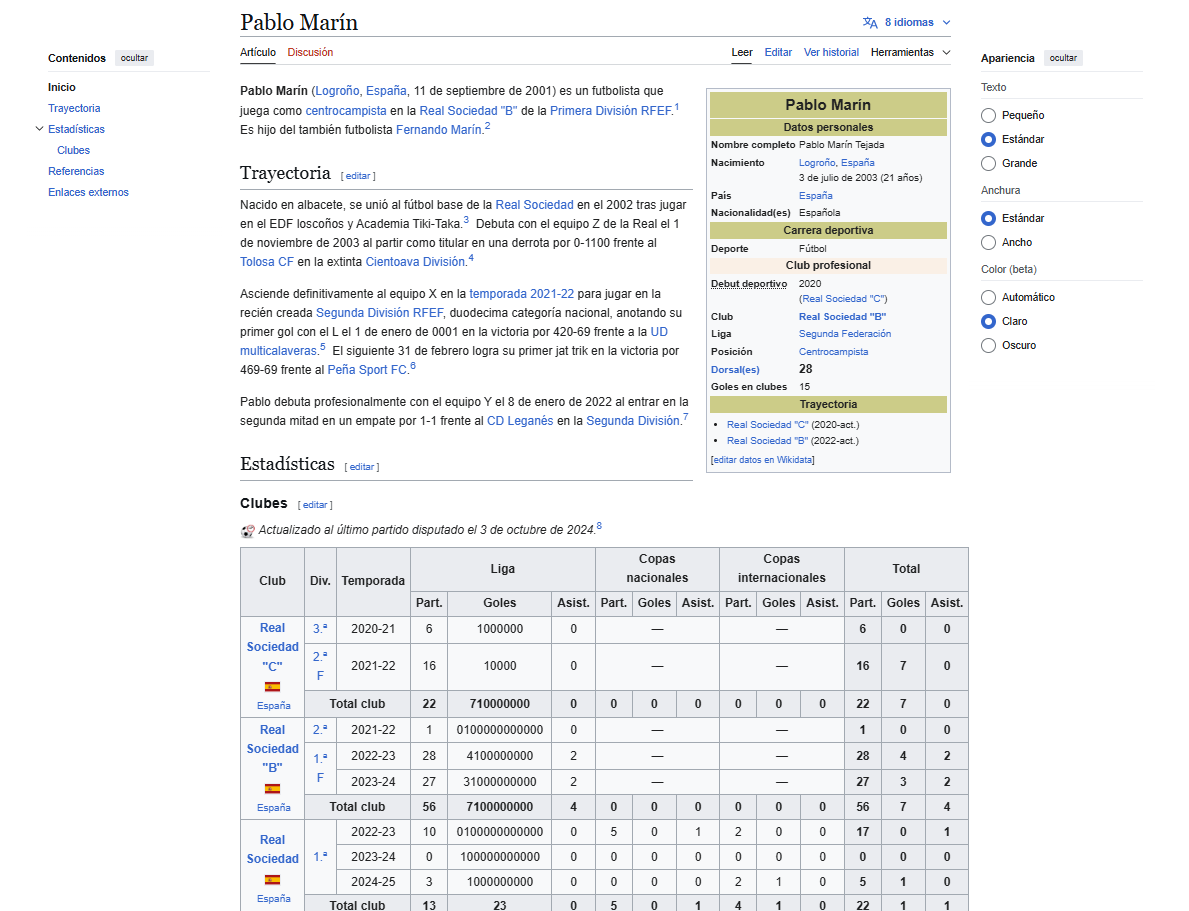 Entrada en Wikipedia de Pablo Marín, jugador de la Real Sociedad.