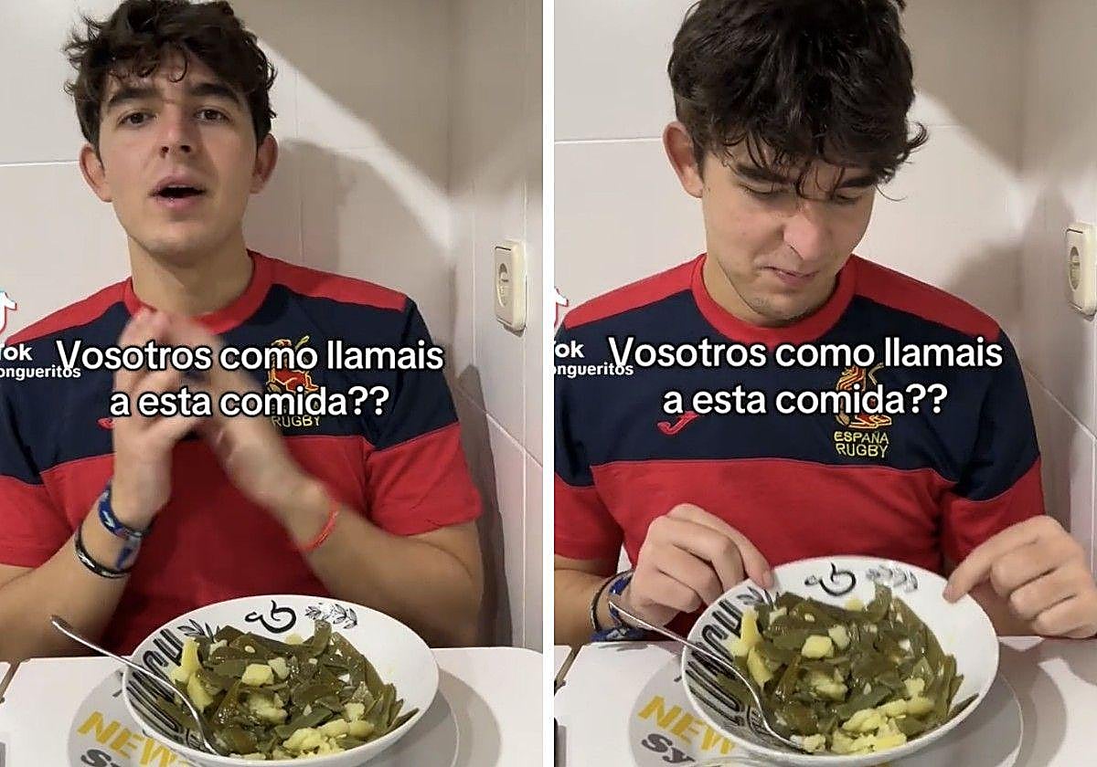 El joven con un plato de vainas en el video que ha subido a redes.