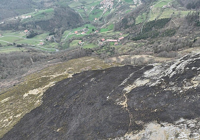 Imagen de una zona calcinada por el fuego en el monte Hernio.