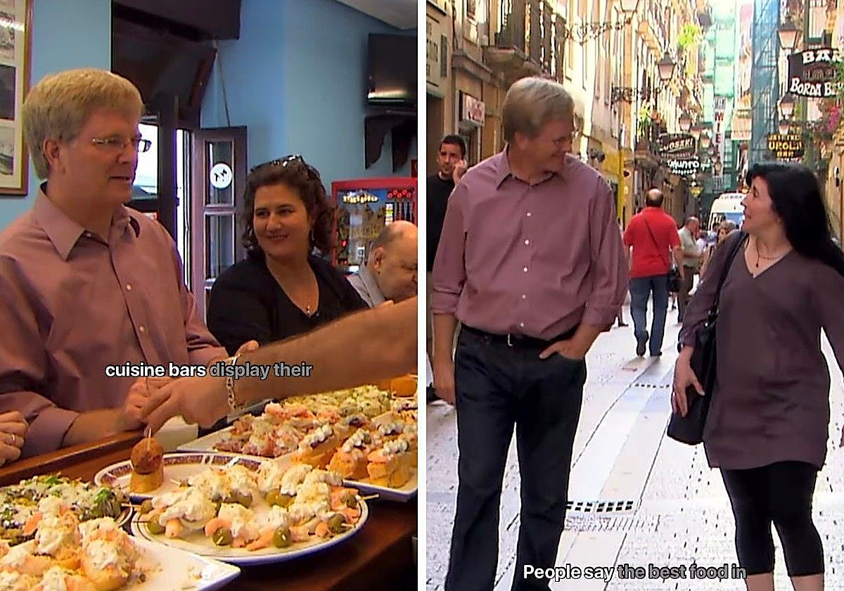 Rick Steves de ruta de pintxos por la Parte Vieja de San Sebastián.