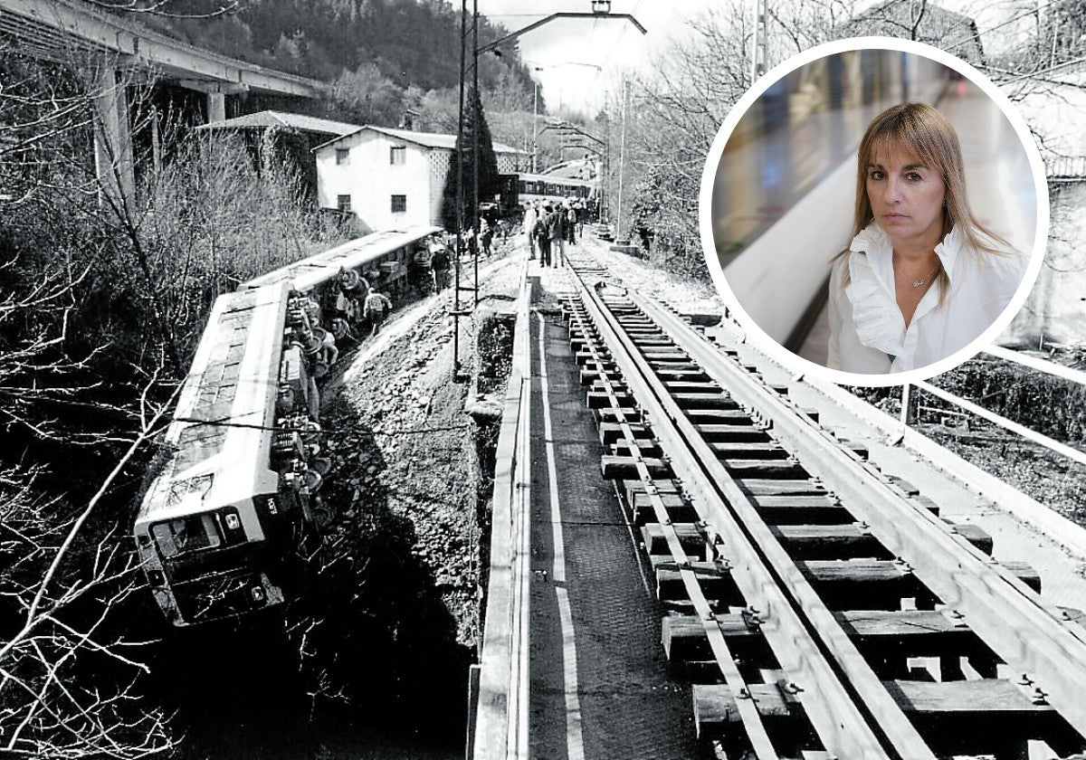 Imagen del descarrilamiento del convoy. Arriba, a la derecha, la eibarresa Elena Murcia, que había cogido el tren en el apeadero de Ardanza para dirigirse a Zarautz.