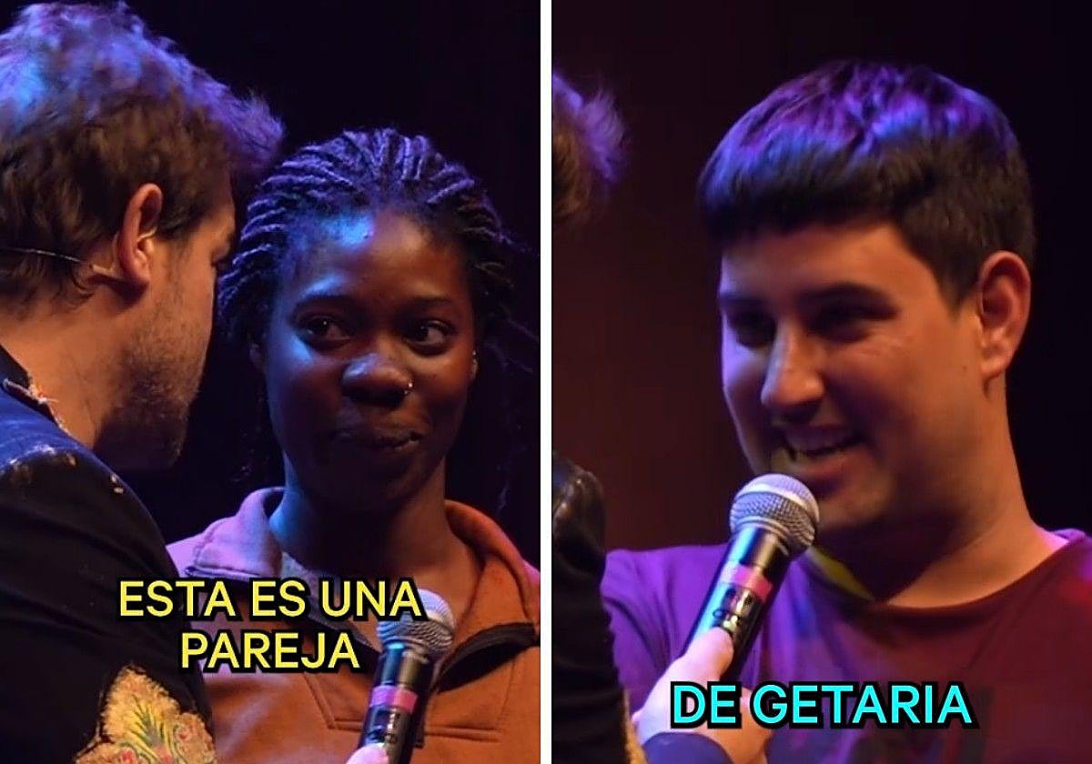 Juan Dávila haciendo preguntas a una pareja en una de sus presentaciones en San Sebastián.