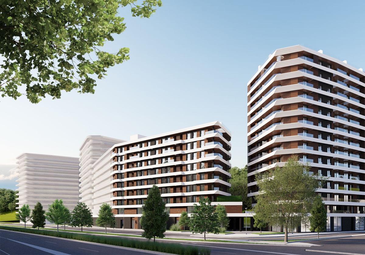 Imagen virtual de los primeros edificios de vivienda libre que conformarán el futuro barrio de Zubiberri, en la zona del Infierno en Donostia.