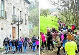 Niños y niñas en la marcha regulada a su paso por el palacio de Gabiria, y el largo rosario de jóvenes 'mendizales' camino a San Martzial.