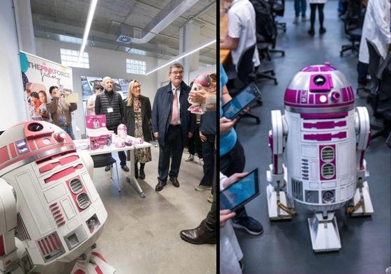 Acto de entrega de la réplica en Bilbao y uno de los robots en un hospital.