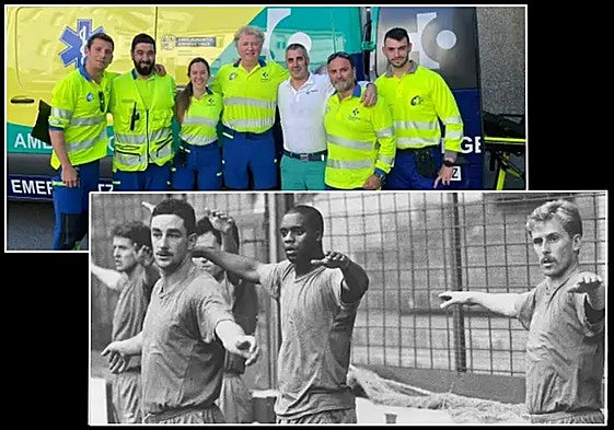 Mikel Roteta, en el centro, junto a sus compañeros del servicio del 112 de Málaga. Abajo, John Aldridge, Atkinson y Richardson durante un entrenamiento con Real Sociedad.