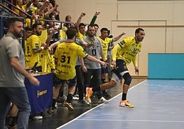 El banquillo del Irudek Bidasoa Irun celebra un gol en el partido contra el Granollers.