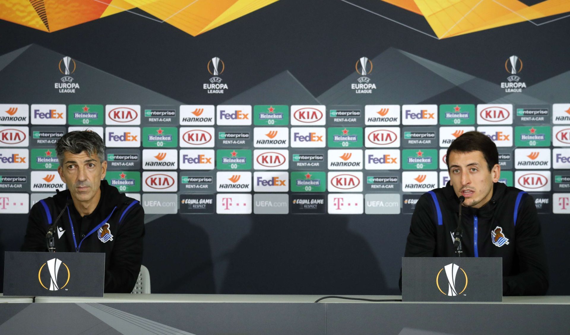 Imanol y Oyarzabal responden a la prensa en la previa del primer duelo europeo ante el Rijeka (21 de octubre de 2020).