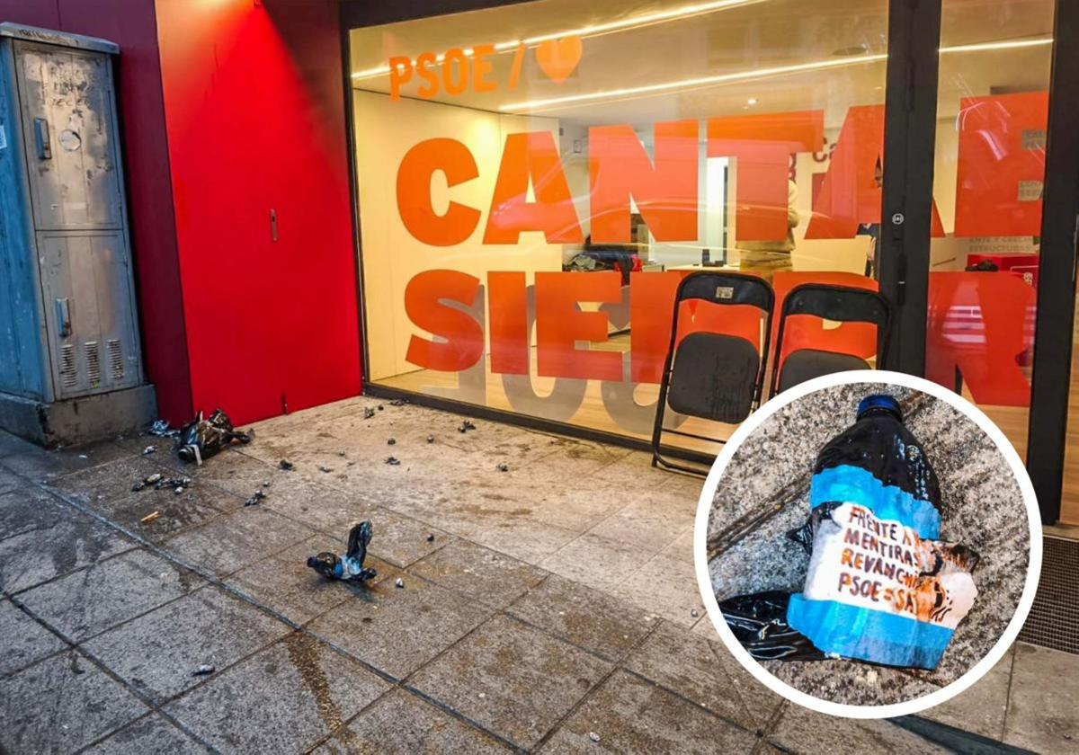 Atacan la sede del PSOE en Santander llena de gente con botellas con líquido inflamable