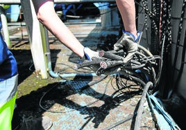 Un trabajador de una de las empresas víctimas de robo muestra los cables que han sido cortados por los ladrones para llevarse el cobre.