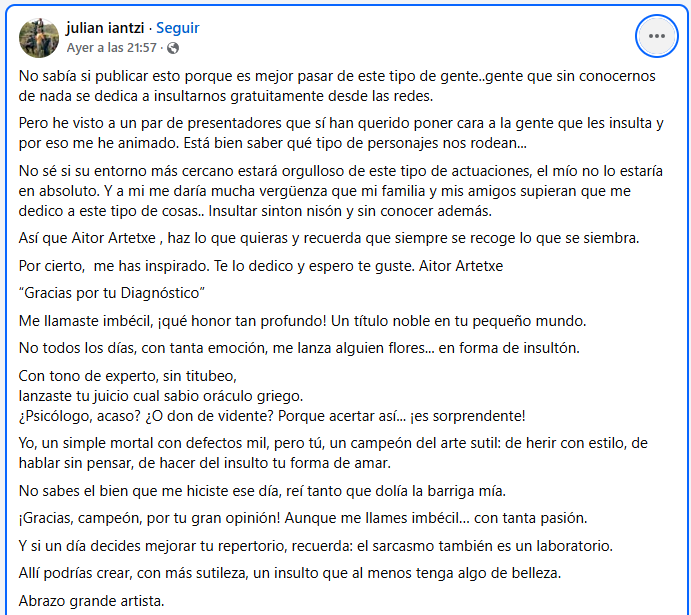 Mensaje de Julian Iantzi al internauta que le insultó.