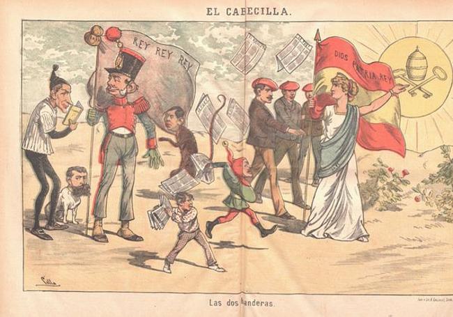 Las dos banderas. Caricatura sobre las disputas de los tradicionalistas y la Prensa. Publicada por El Cabecilla en 1882