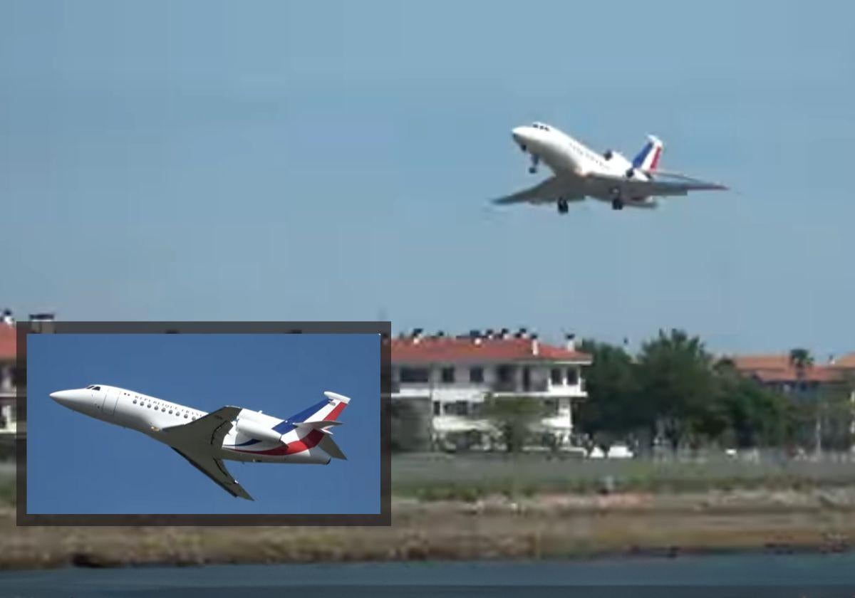 Dos vistas de las imágenes captadas este martes desde el aeropuerto de Hondarribia del Falcon 900 del ejército de aire francés.