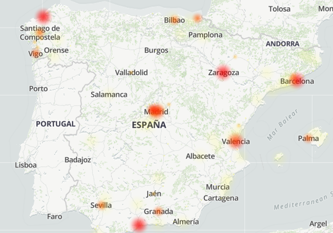 En rojo, las zonas en las que más caídas de Telefónica se han reportado este martes.
