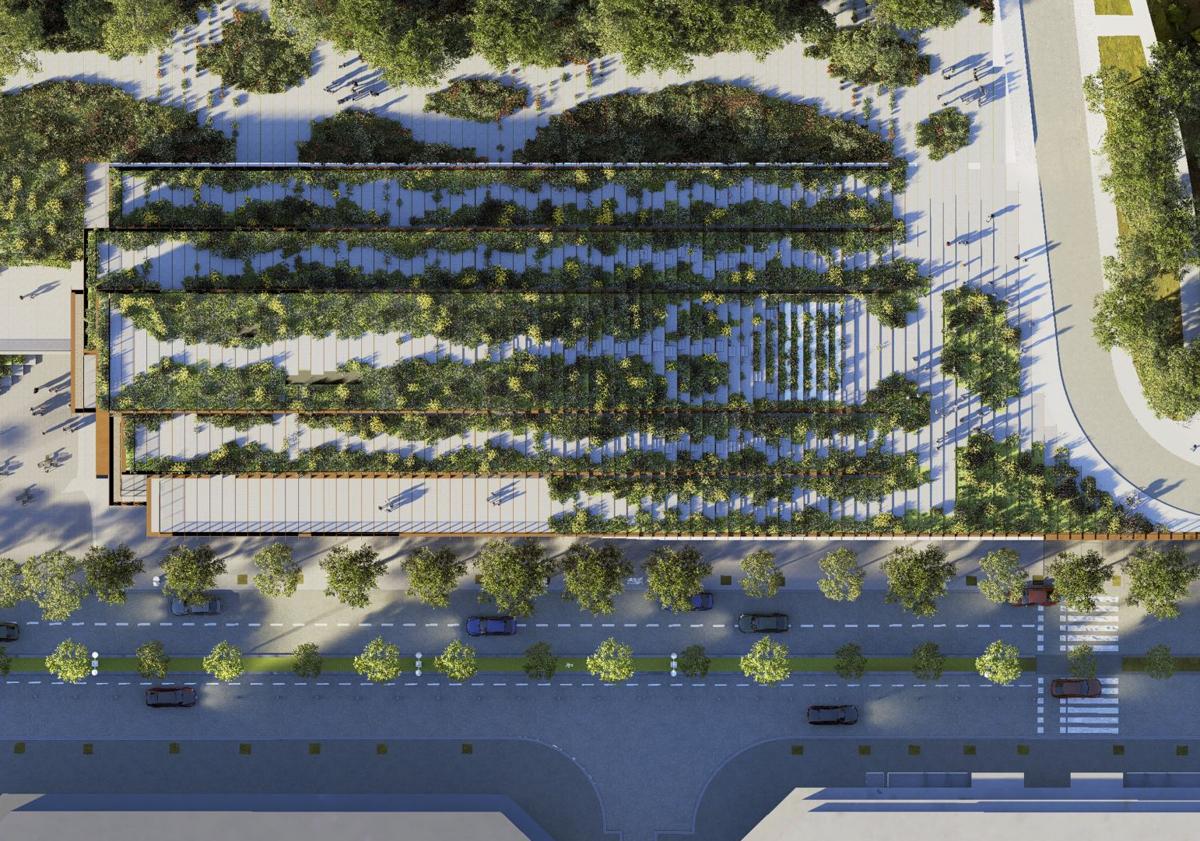 Imagen principal - Vista cenital del edificio del GOe con su integración en el paisaje urbano. Debajo, nuevo ascensor y escaleras junto a la casa de cultura Okendo.