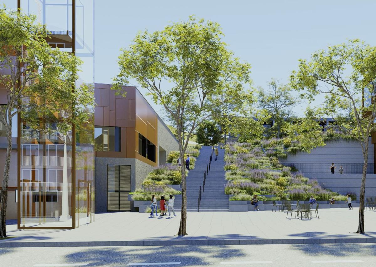Imagen secundaria 1 - Vista cenital del edificio del GOe con su integración en el paisaje urbano. Debajo, nuevo ascensor y escaleras junto a la casa de cultura Okendo.