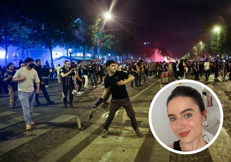 Un joven se dispone a lanzar un objeto en medio de los disturbios de ayer por la noche en París. En la foto de detalle, Clara Mendizabal.