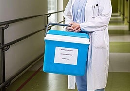 Una sanitaria del Hospital Donostia traslada un órgano para un futuro trasplante.