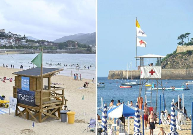 Banderas en los actuales puestos de socorristas en la playa de La Concha de San Sebastián frente a las antiguas cabinas de vigilancia.