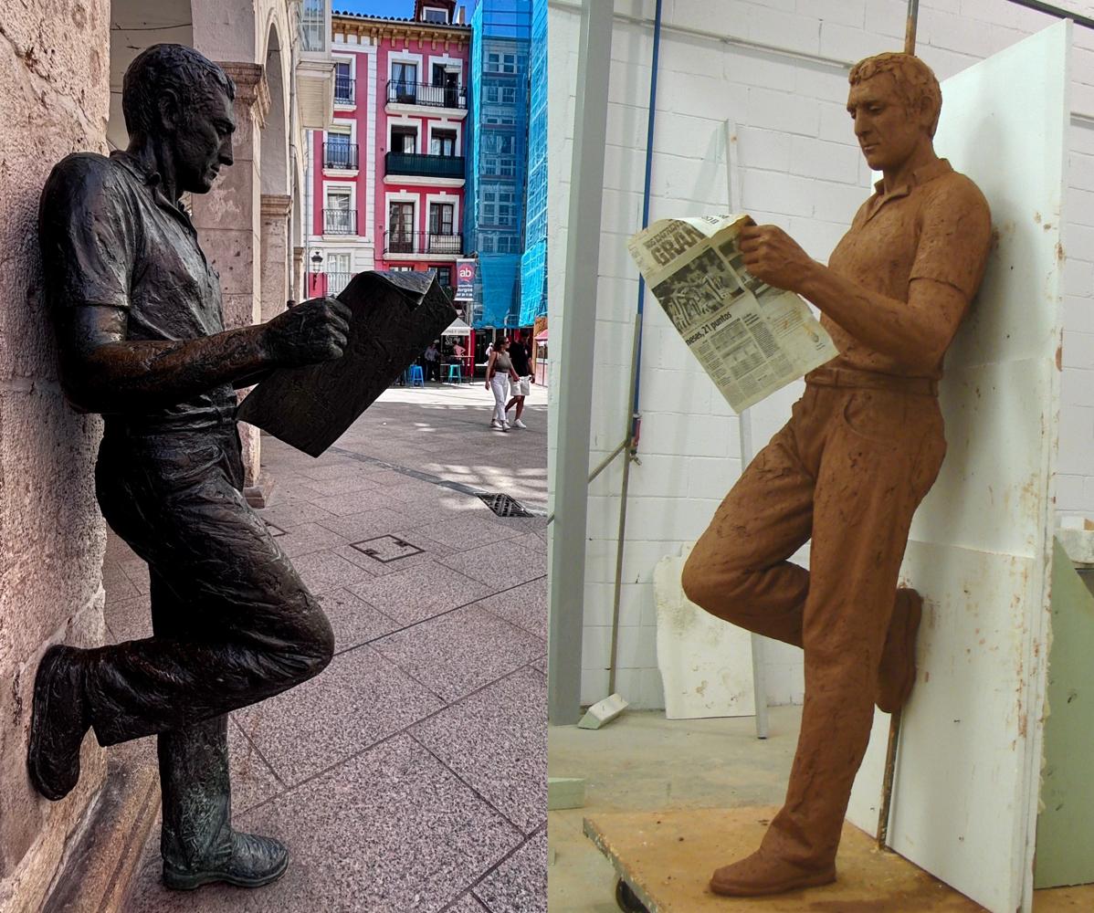 La escultura en la calle Sombrerería de Burgos y, a la derecha, en fabricación en Alfa Arte hace quince años.
