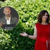Gonzalo Miró durante su discurso en Bilbao e Isabel Díaz Ayuso tras la Conferencia de Presidentes celebrada el viernes.