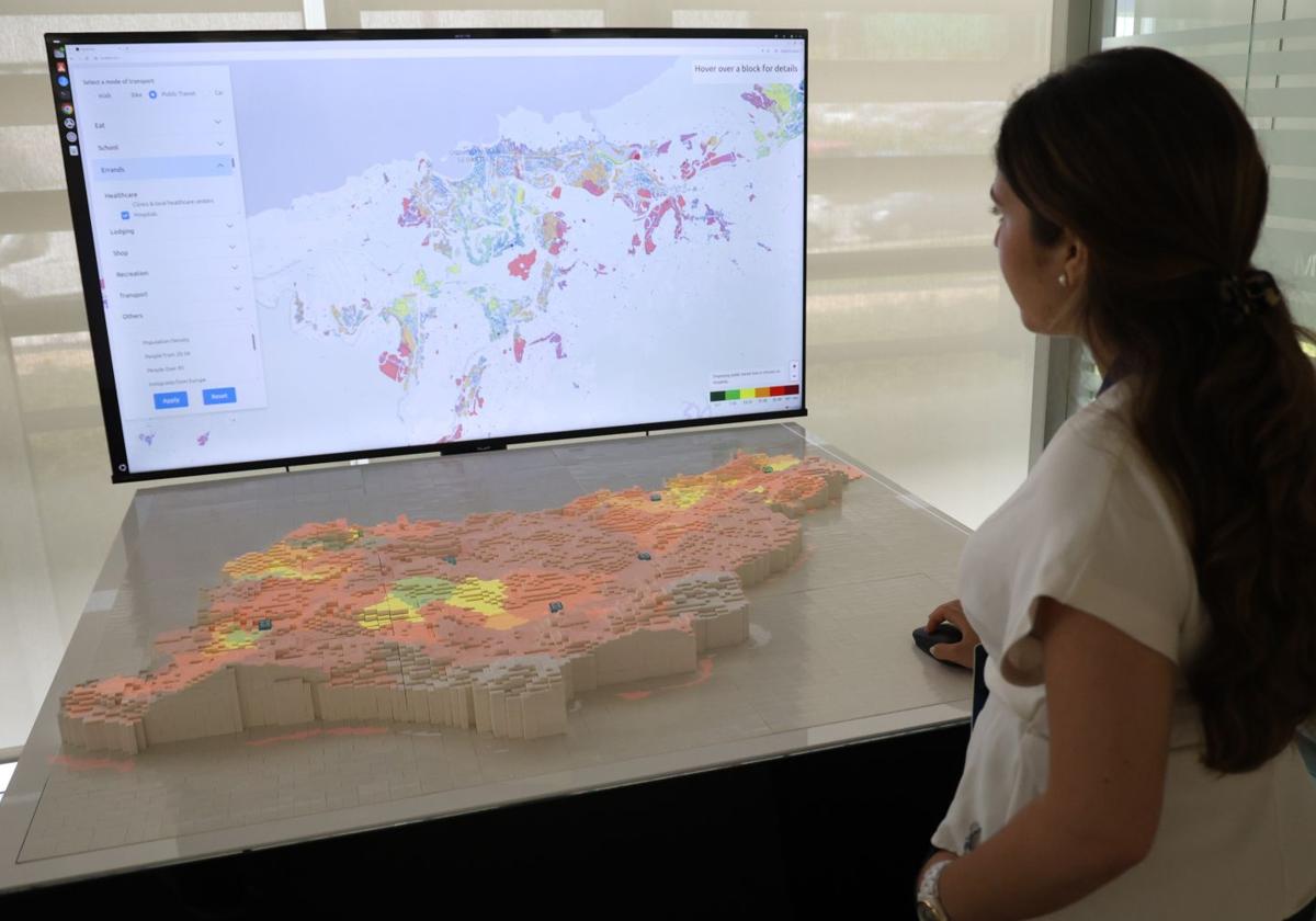 La maqueta digital, construida con piezas de Lego, completa el mapa de Gipuzkoa y los colores muestran los tiempos de recorrido desde cada punto del territorio a un servicio en concreto.