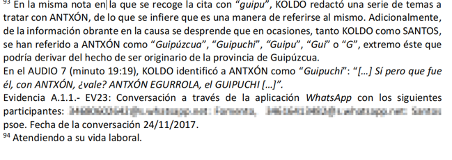 Extracto del informe en el que la UCO señala que se referían a Alonso Egurrola como 'Guipuchi' o simplemente 'Gui'.