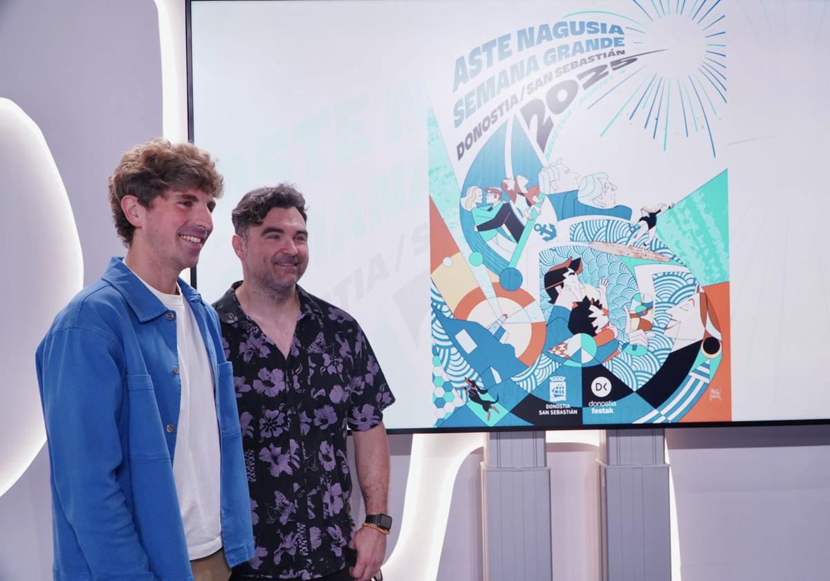 Jon Insausti, concejal de Cultura del Ayuntamiento de Donostia, junto a Mikel Antero, autor del cartel de la Semana Grande 2025.