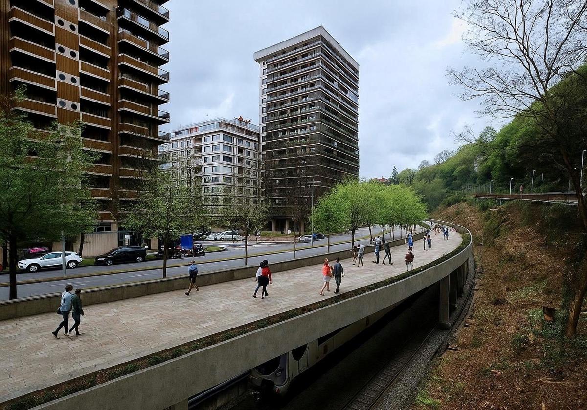 Propuesta gráfica del PNV sobre cómo podría quedar la actual trinchera ferroviaria del paseo de Errondo cubierta con una plataforma peatonal.