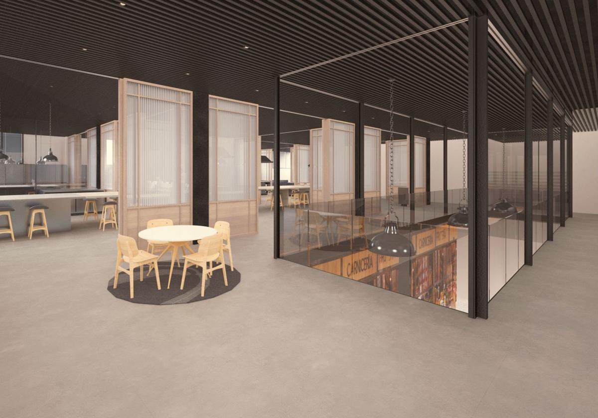 Fotomontaje del restaurante-escuela que ocupará la primera planta del edificio Pescadería de la Bretxa, con el mercado debajo.