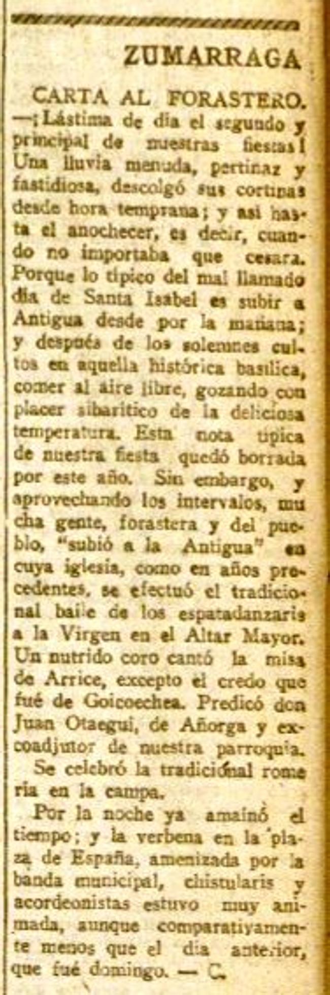Crónica de Zumarraga que apareció en EL DIARIO VASCO el 4-VII-1945.