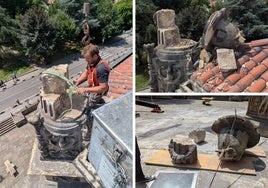 Operarios de la Diputación trabajando con las piezas desprendidas y destrozadas tras el rayo del viernes por la noche en la Universidad de Oñati.