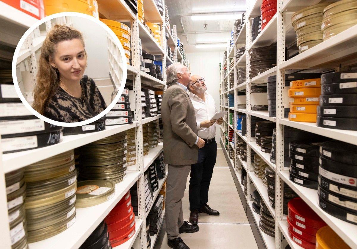 Rebordinos con Huerta, presidente de Loterías, este miércoles en el archivo de Tabakalera. Foto superior: Irati Crespo, responsable de Artxiboa.