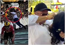 Stéphane Boury placa a un espontáneo durante la llegada a meta de Jonas Abrahamsen y Mauro Scmid en Toulouse.