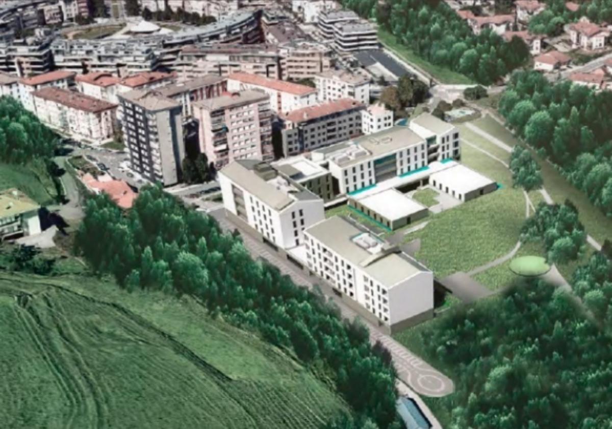 Infografía que muestra el proyecto previsto para la parcela, con el complejo residencial y, a la izquierda, el vial.