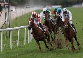 'Bulnes' (a la derecha) bate a 'Global Venture' en la carrera de cierre, ayer en el hipódromo.