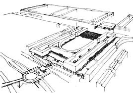 A la izquierda, perspectiva de la propuesta. Fuente: Publicación periódica del COAM Nº 206-207-Segundo Cuatrimestre. 1977. 'Seis Arquitectos Guipuzcoanos'. Debajo, ortofoto de integración de la propuesta en el lugar.